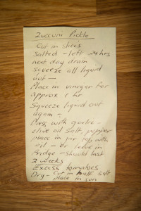 The original hand written recipe for zucchini pickle