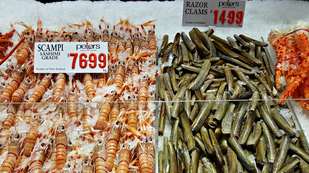 Razor clams from Scotland and scampi from New Zealand. 