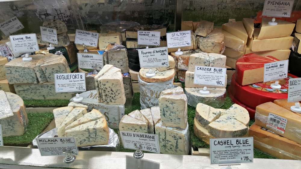 Blue cheeses in the deli