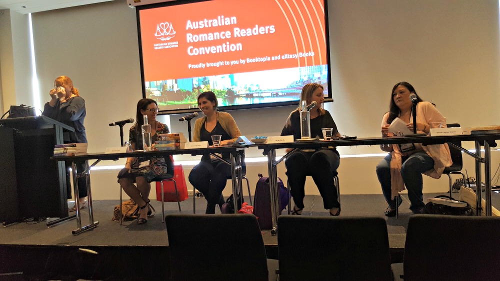 The Rise of Rural Romance panel featuring Pamela Cook, Charlotte Nash, Sarah Barrie and Nicole Hurley-Moore, with Victoria Purman moderating.