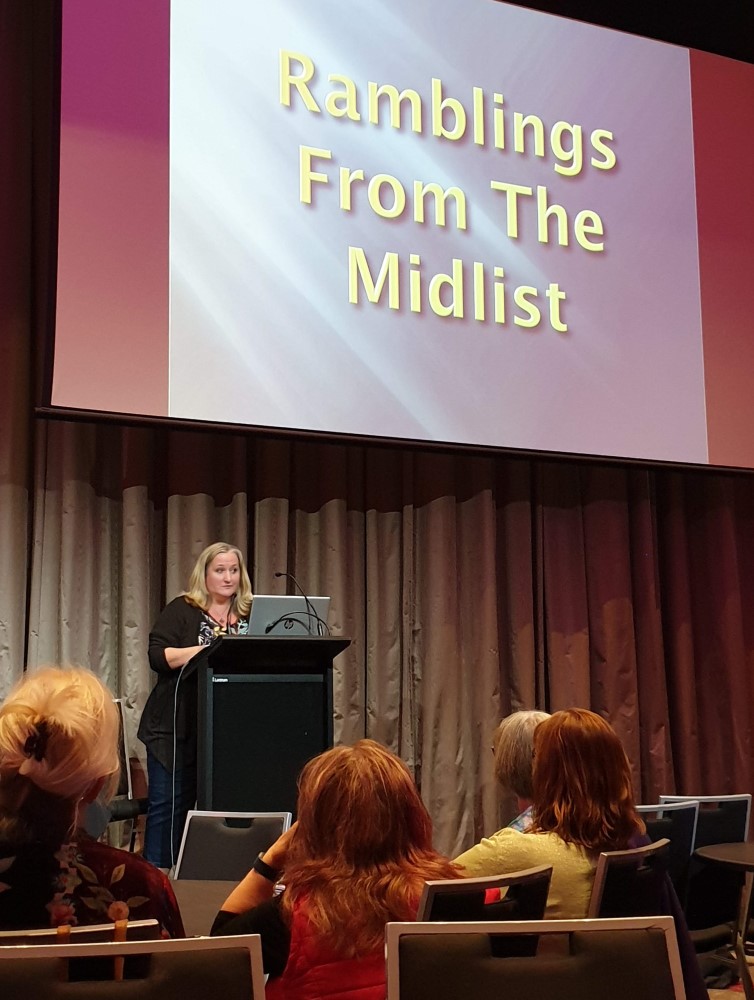 Amy Andrews delivering her hilarious closing keynote speech, 2019 Romance Writers of Australia conference