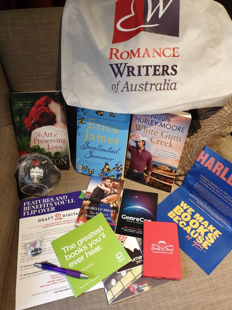 Conference goodie bag contents, 2019 Romance Writers of Australia conference