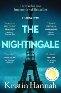 Cover of The Nightingale by Kristin Hannah with a picture of the Eiffel Tower on a menacing blue background