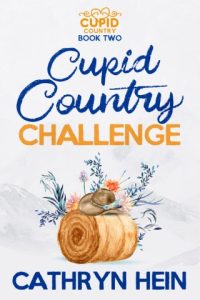 ebook cover of Cupid Country Challenge by Cathryn Hein featuring a hay bale with a hat on top and a pale blue background